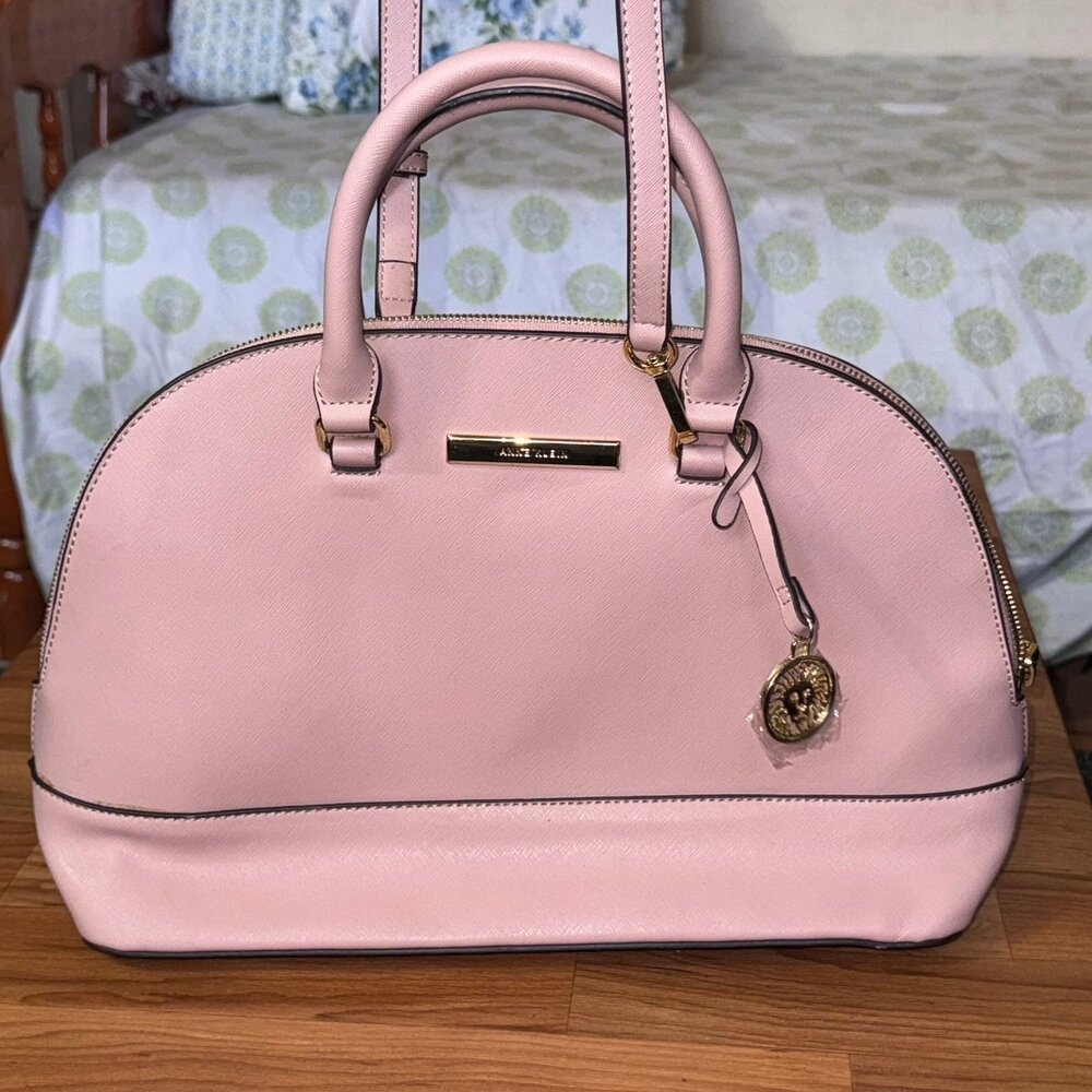 Anne Klein Shimmer Down Satchel Handbag Rose pink Crossbody NEW